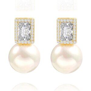 Gold CZ Hoop Handpicked A+ Quality 7.5-8mm White Pearl Dangle Drop Earrings